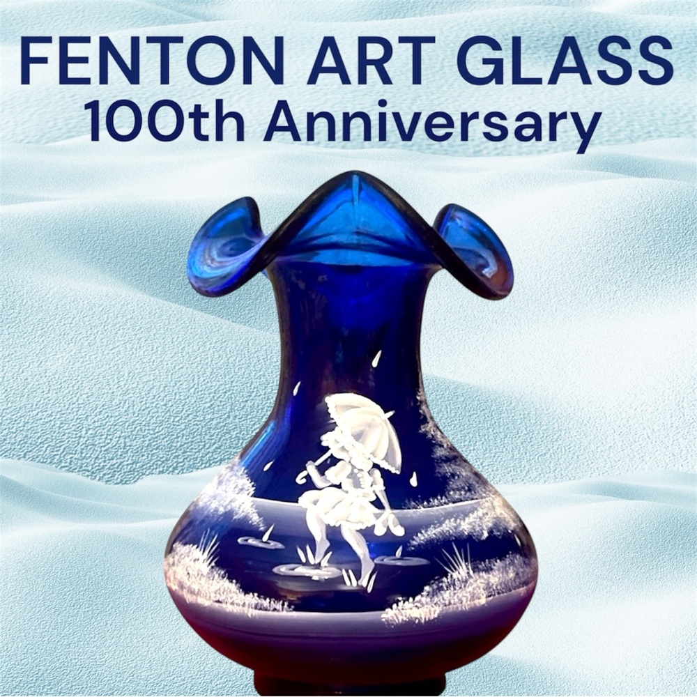 🔹FENTON ART GLASS🔹Steppin’ Out in the Rain, Cobalt Vase, 100th Anniversary